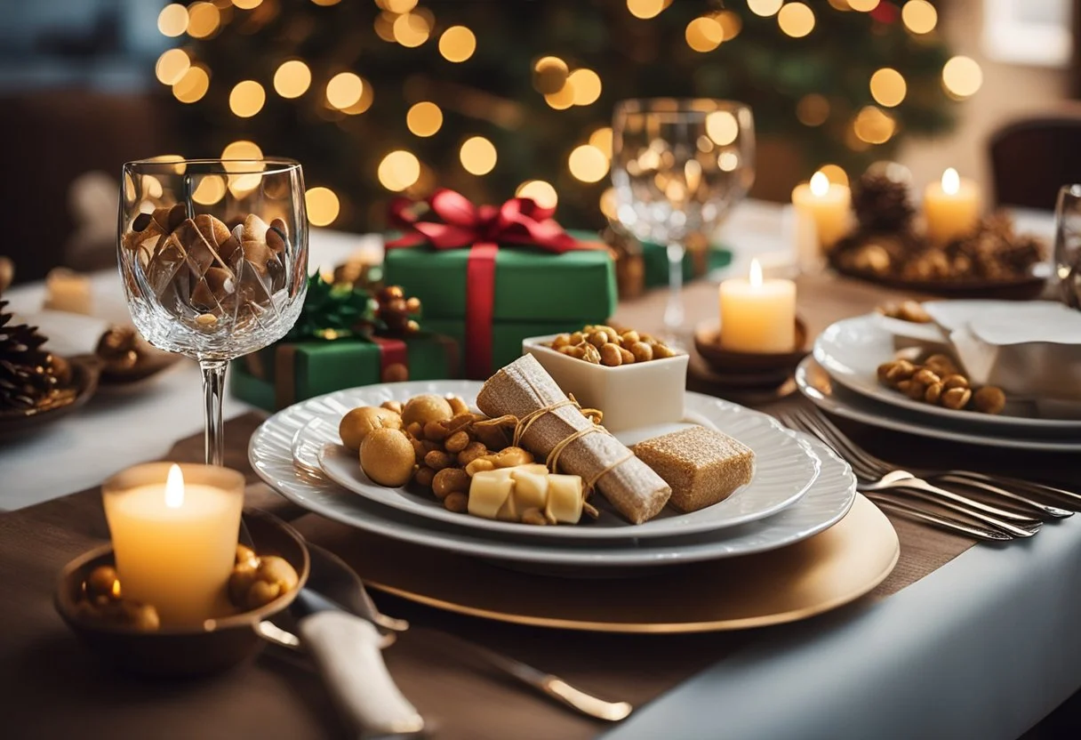 Et festligt bord med indpakkede gaver, juledekorationer og tallerkener med mad
